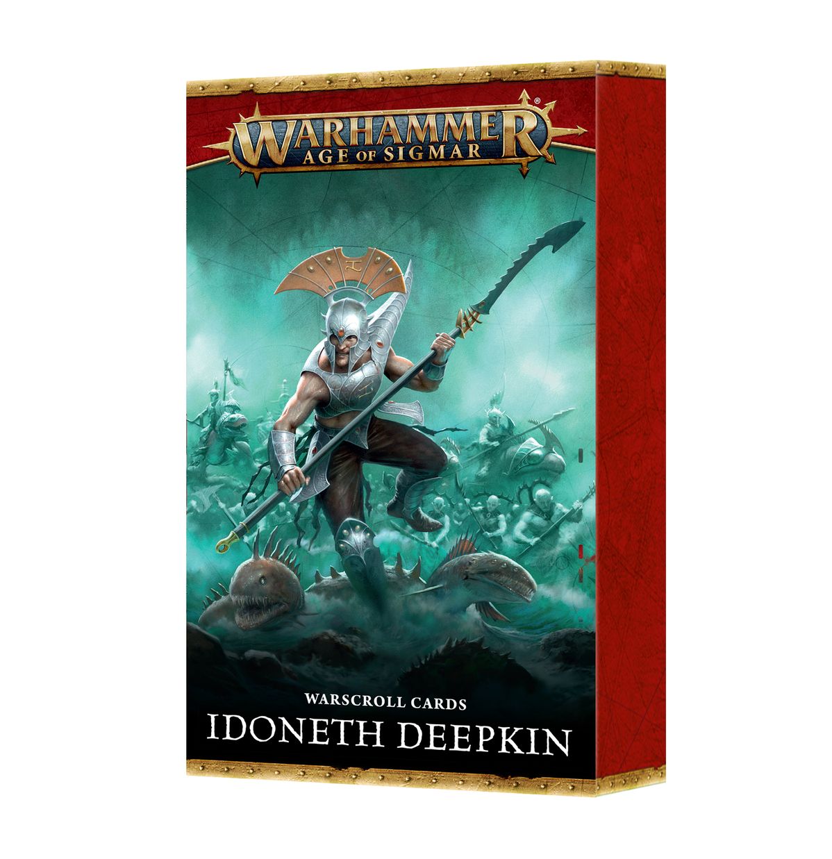 Warhammer Age of Sigmar Idoneth Deepkin Warscroll Cards. Silver-armored warrior with a spear battles sea creatures in water