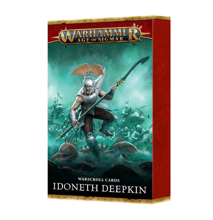 Warhammer Age of Sigmar Idoneth Deepkin Warscroll Cards. Silver-armored warrior with a spear battles sea creatures in water