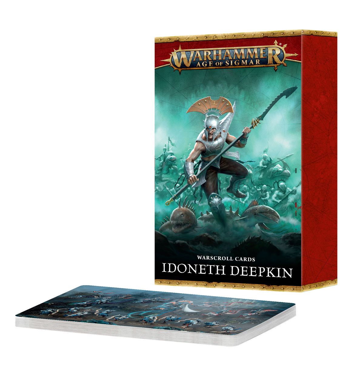 Warhammer Age of Sigmar Idoneth Deepkin Warscroll Cards box. Cover shows armored warrior with spear leading underwater army