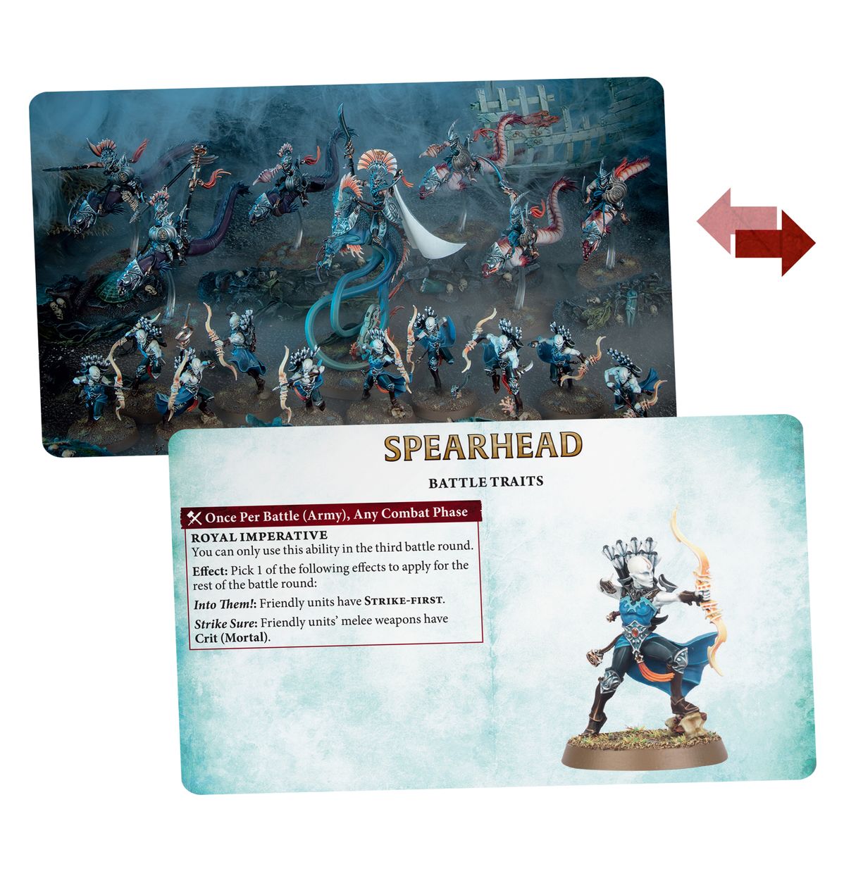 Blue-armored fantasy warrior miniatures in a battle scene, with a "Spearhead" game card displaying battle traits
