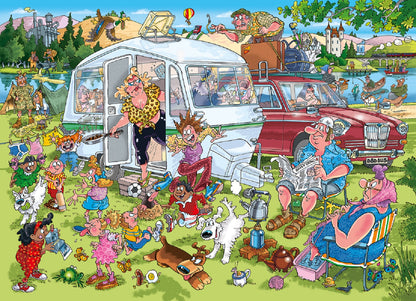Humorous cartoon of a chaotic family campsite scene. Many exaggerated people, dogs, and luggage around a caravan and car