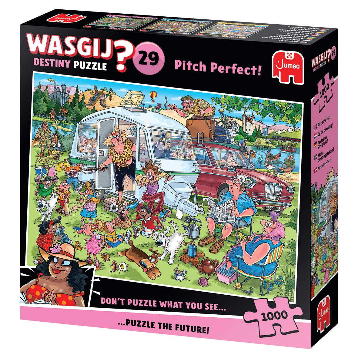 Box for Wasgij? Destiny Puzzle 29 "Pitch Perfect!" featuring a chaotic cartoon illustration of a family camping trip
