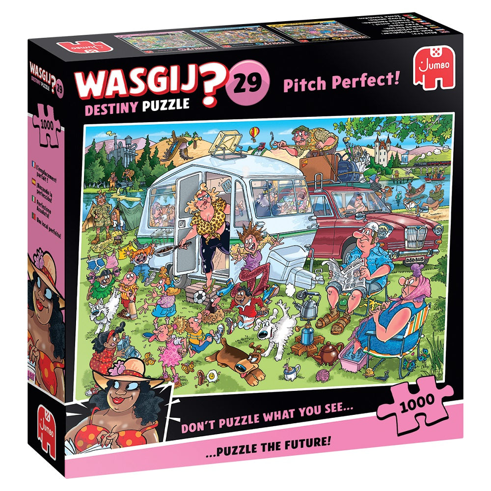 Wasgij? puzzle box (Pitch Perfect!) showing a humorous, chaotic family camping scene around a caravan and car