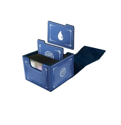 Navy blue deck box holding cards and dividers. Features wave pattern and MTG Water/Island symbol