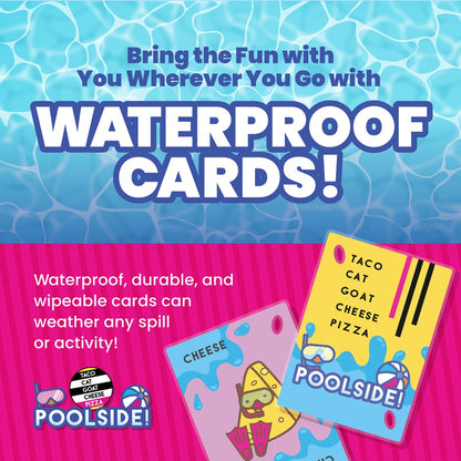 Ad: "Waterproof Cards!" showing durable, wipeable game cards (one features swimming cheese) on a pool background