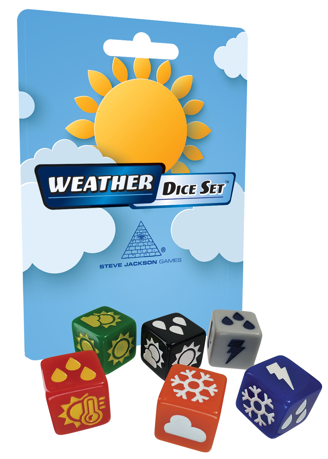 Retail packaging view of Steve Jackson Games Weather D6 Dice 6-Piece Set