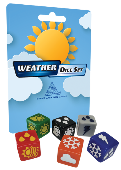 Retail packaging view of Steve Jackson Games Weather D6 Dice 6-Piece Set