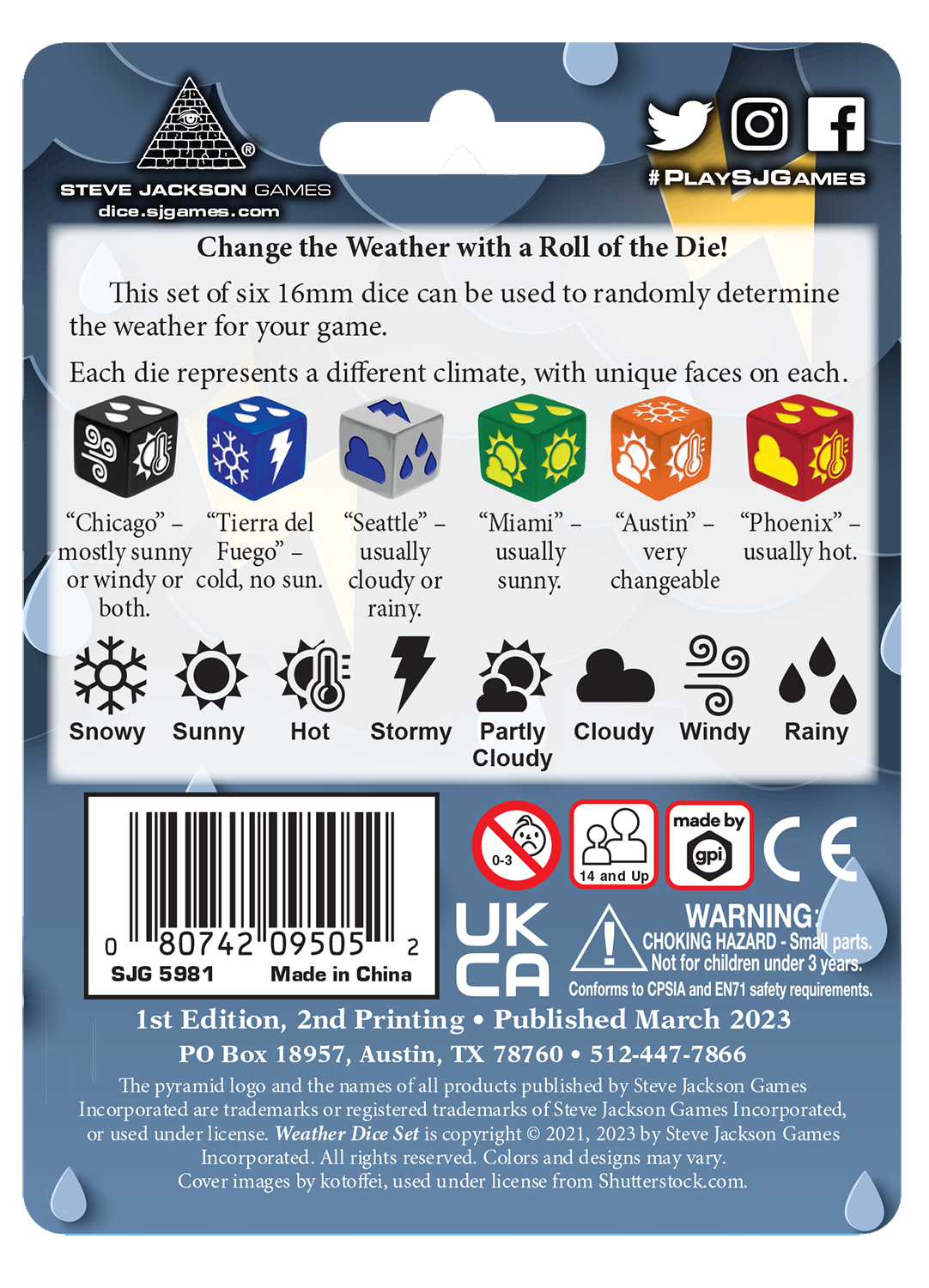 Retail packaging view of Steve Jackson Games Weather D6 Dice 6-Piece Set