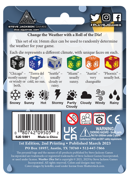 Retail packaging view of Steve Jackson Games Weather D6 Dice 6-Piece Set
