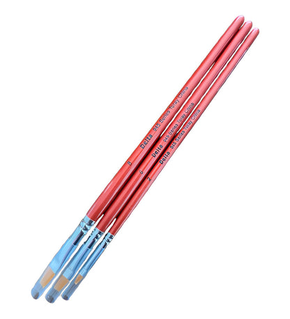 Three red-handled flat Weathering Brush Set of varying sizes, angled against a white background