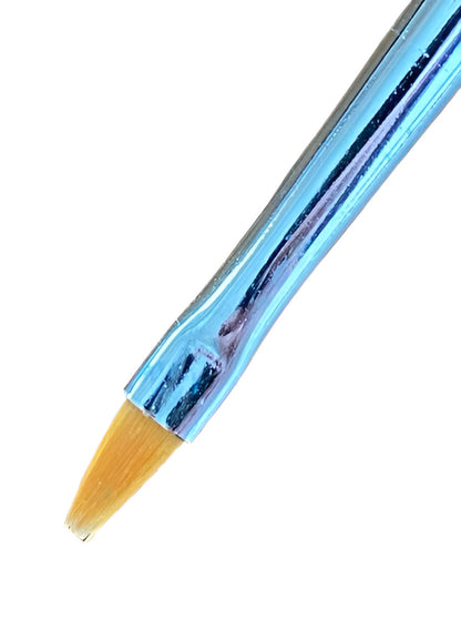 A close-up of a shiny metallic blue brush with flat, angled light brown bristles against a white background