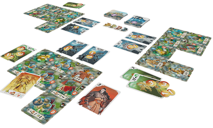 Full component spread including cards, board, and tokens