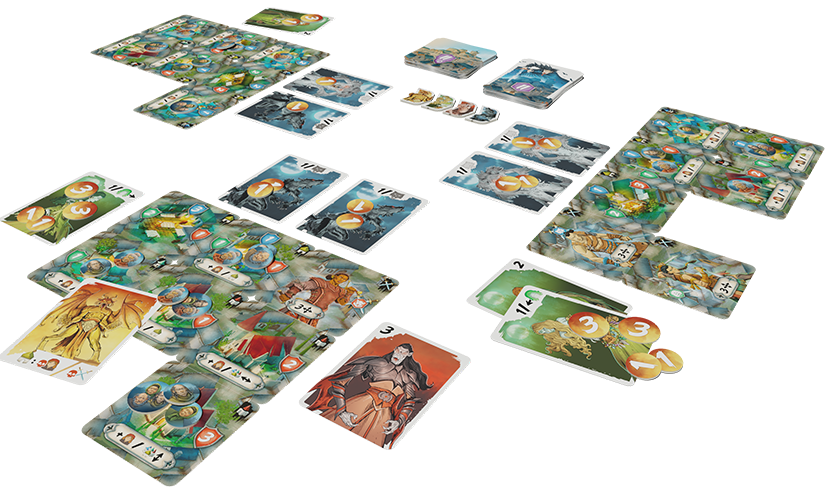 Full component spread including cards, board, and tokens