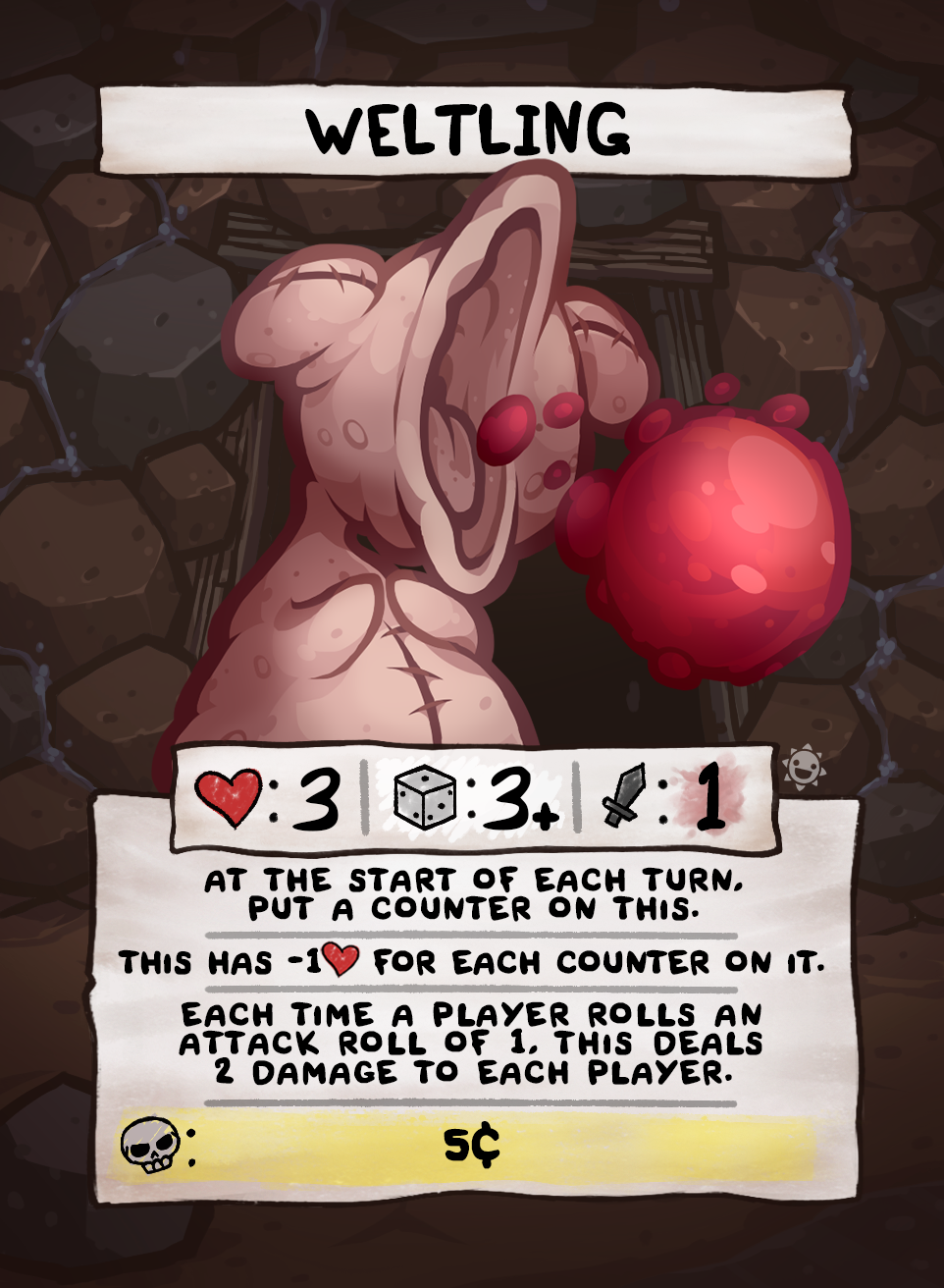 A trading card featuring a pale grotesque WELTLING with a large ear and red growths holding a red bubbly sphere