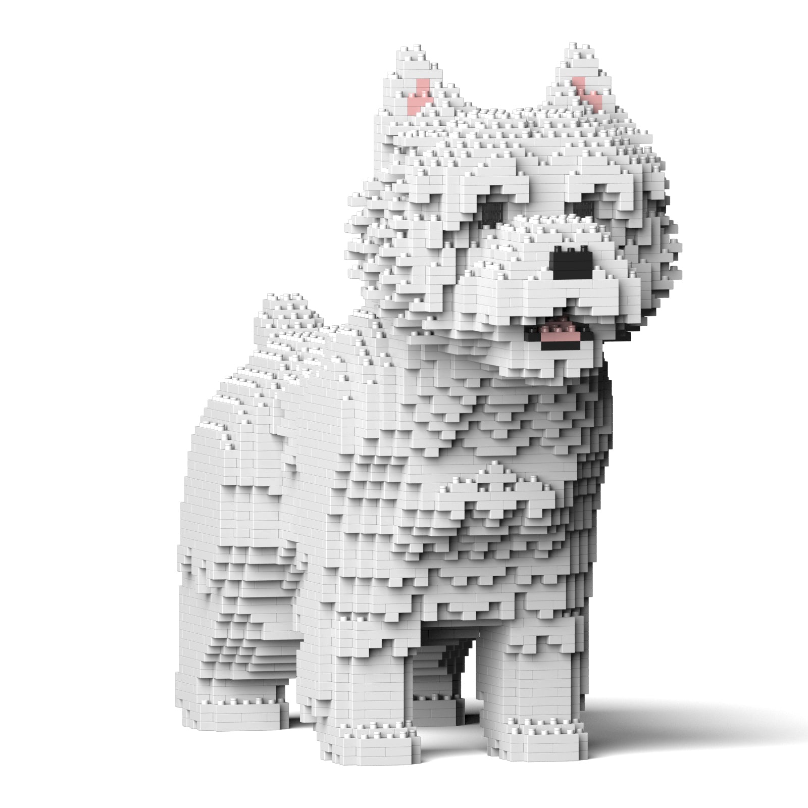 Westie dog made of white building blocks, with black eyes and nose and a pink tongue, standing on a white background