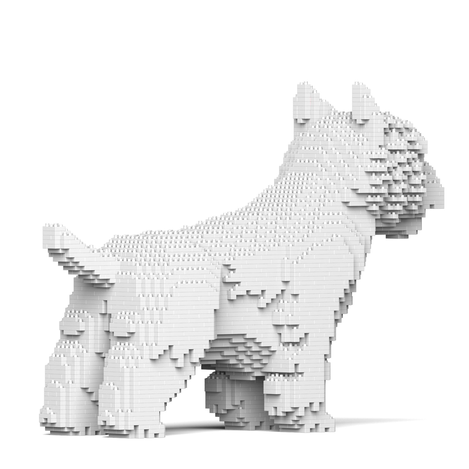A white terrier dog figure, built from small interlocking bricks, stands in profile