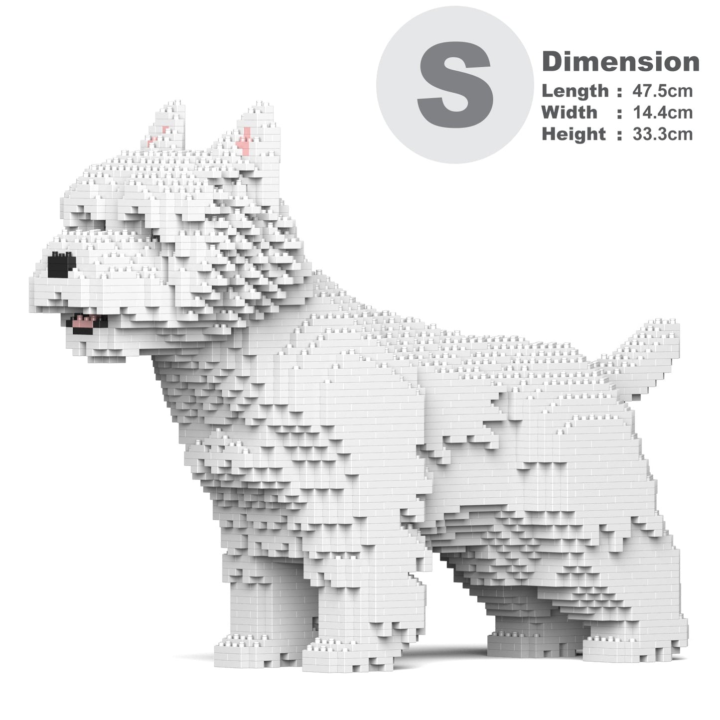 White building block Westie dog figure, standing. Black nose, pink mouth/ears. 'S' size & dimensions shown