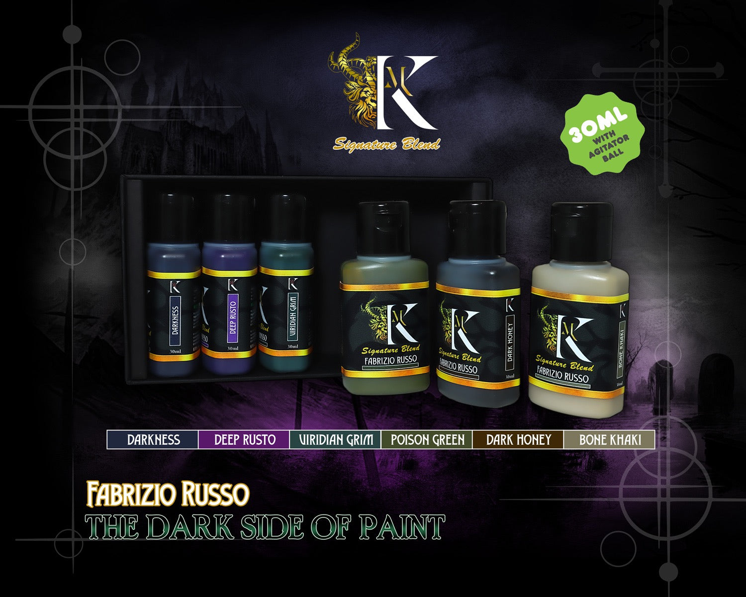 Six K-branded Fabrizio Russo miniature paint bottles in various dark colors, displayed against a gothic-themed background