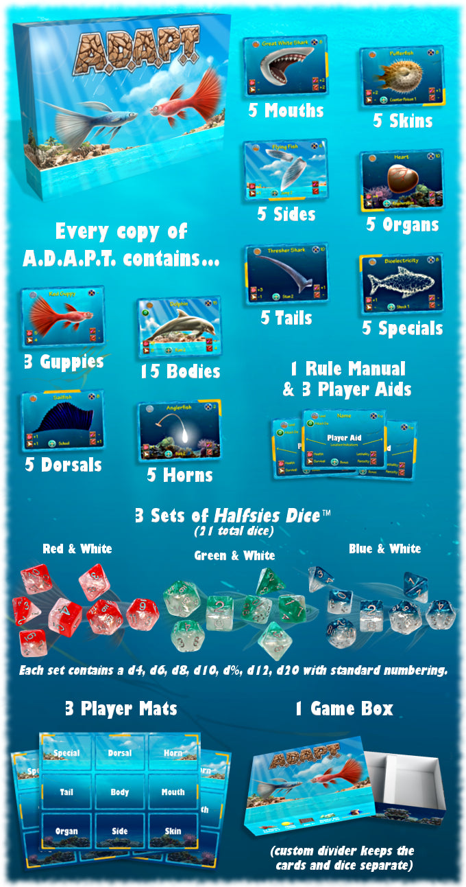 Full contents of the ADAPT board game: box, diverse cards featuring fish parts, colourful dice sets, player mats, and rulebook.
