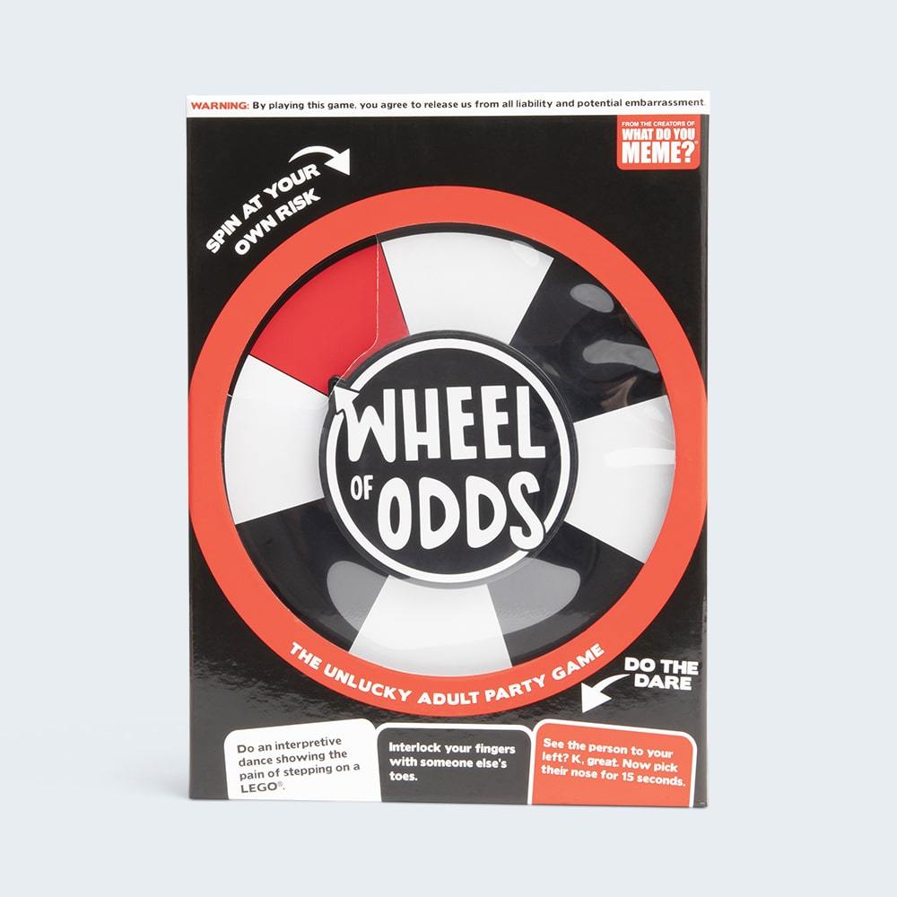 Wheel of Odds The Unlucky Adult Party Game box with black red and white spinning wheel dare cards below