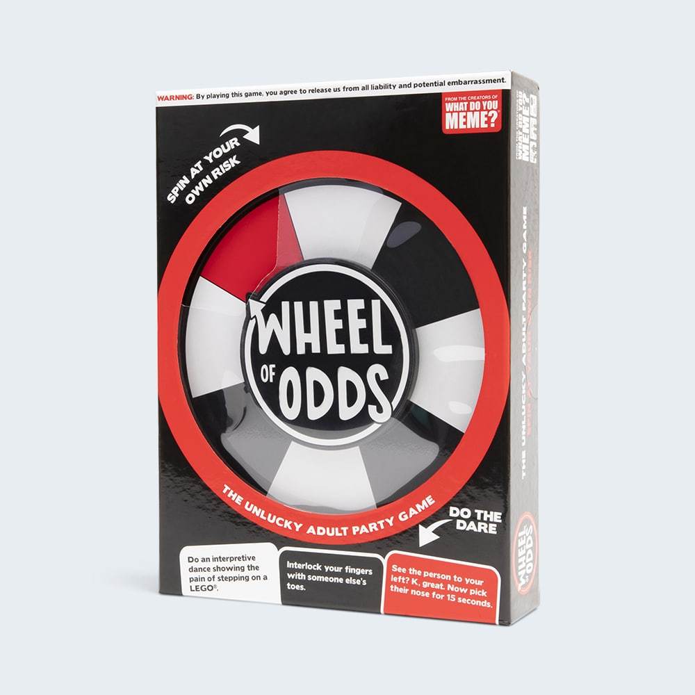 Wheel of Odds The Unlucky Adult Party Game black box with red and white spinning wheel