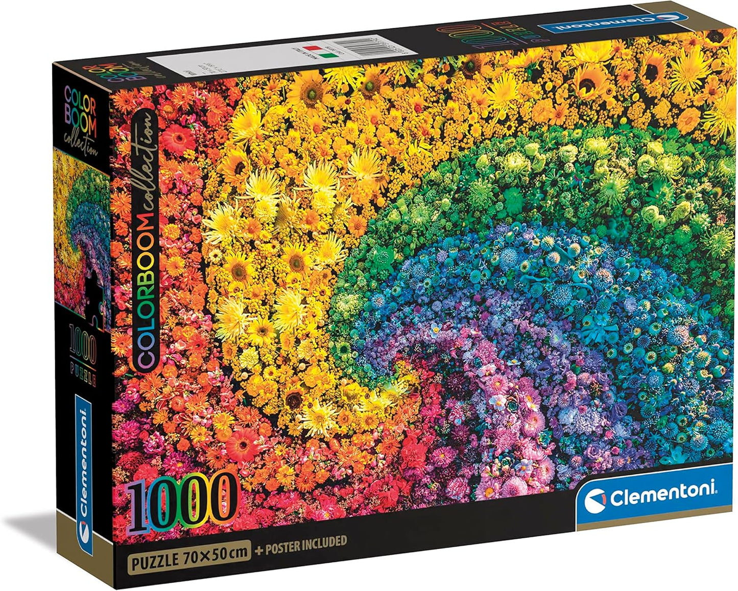 Clementoni Colorboom Collection 1000-piece puzzle box featuring a vibrant rainbow spiral design made of various flowers