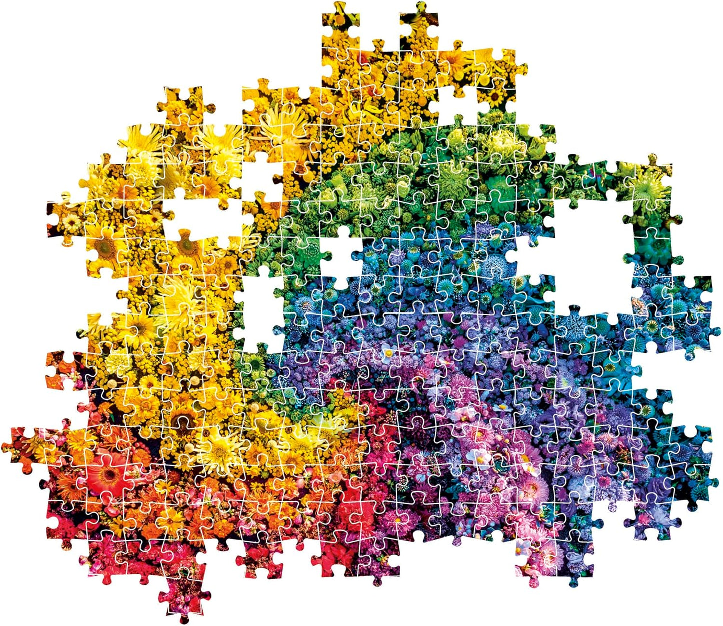 An incomplete jigsaw puzzle depicting a vibrant rainbow gradient of flowers