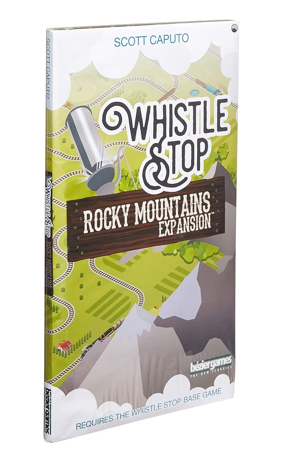 A game box for "Whistle Stop Rocky Mountains Expansion," showing a train winding through a green, mountainous landscape.