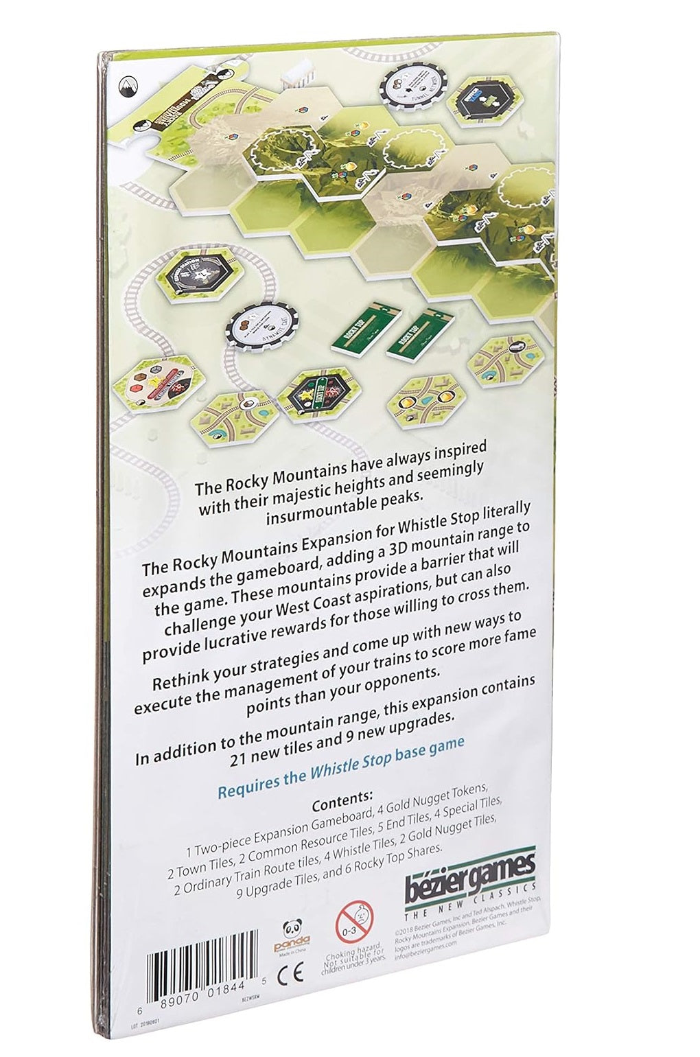 Back of Whistle Stop Rocky Mountains board game expansion box, showing green hexagonal mountain tiles and game description.