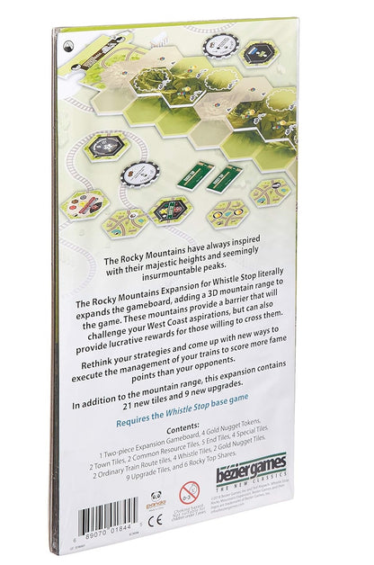 Back of Whistle Stop Rocky Mountains board game expansion box, showing green hexagonal mountain tiles and game description.