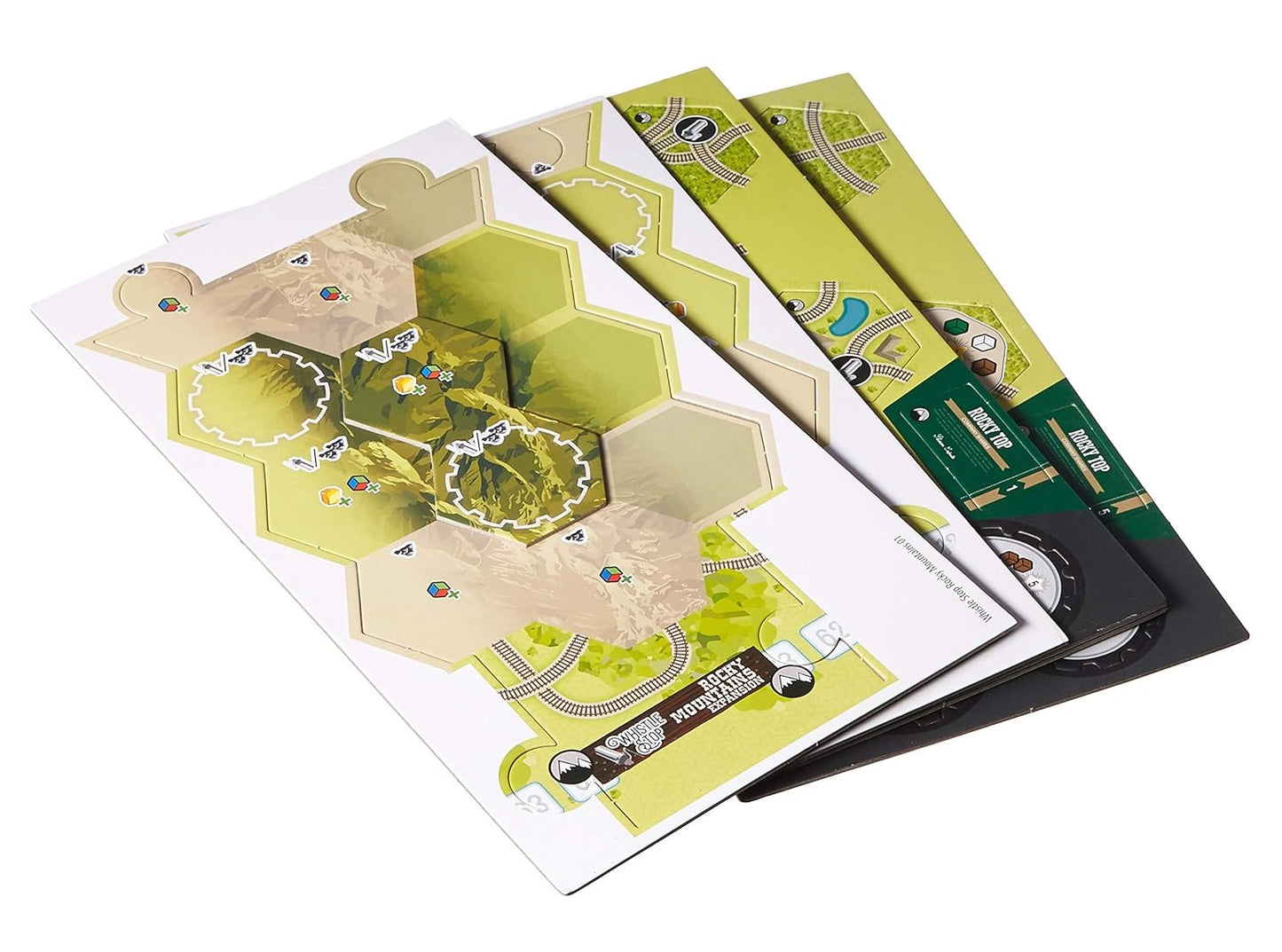 Stacked Whistle Stop Rocky Mountains Expansion board game pieces, showing hex terrain and train tracks.