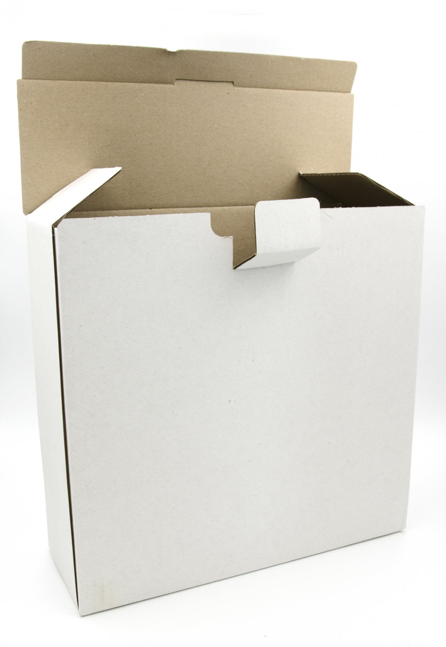An open, empty white cardboard box with brown interior flaps on a white background
