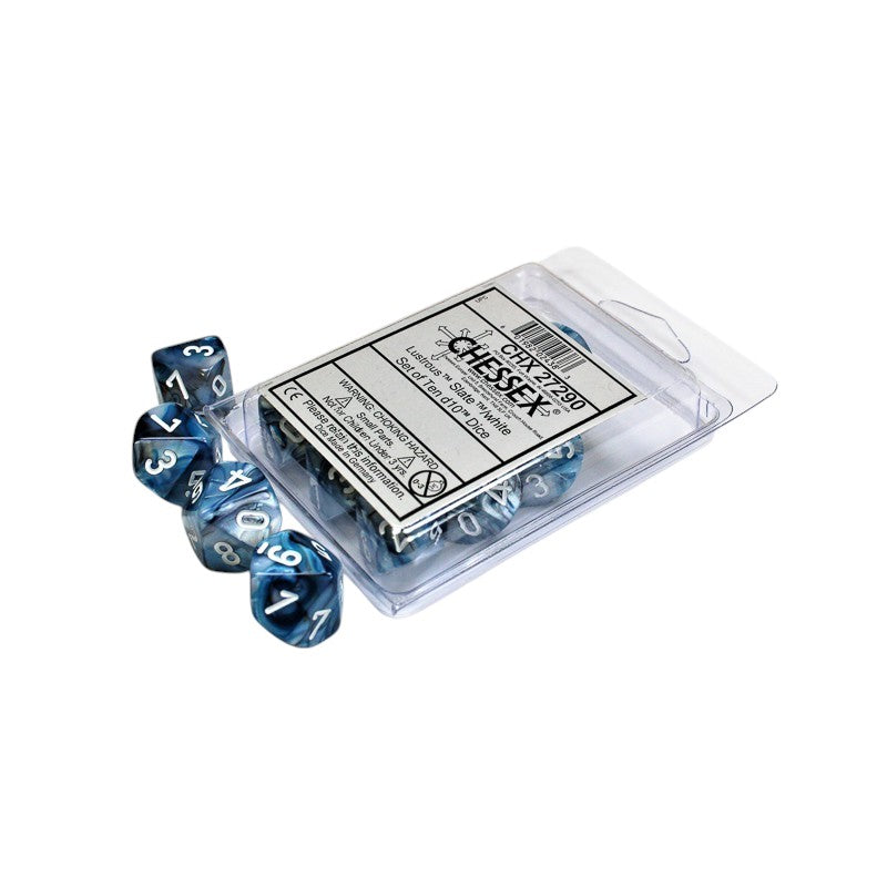 Chessex Lustrous Slate w/ White d10 dice set, clear pack of ten blue and white swirled dice, some scattered