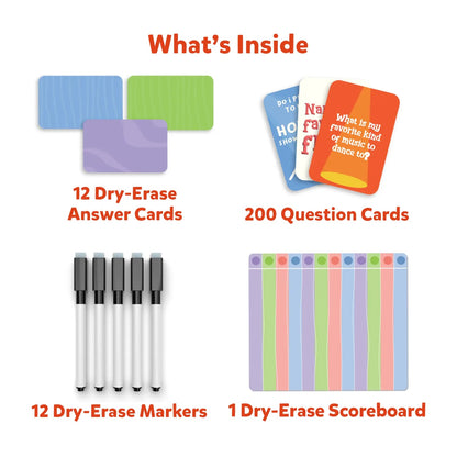 Game contents including 12 dry-erase answer cards, 200 question cards, 12 markers, and a scoreboard