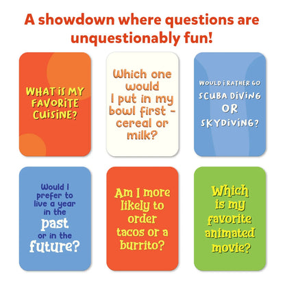 Six colorful game cards displaying fun conversational questions, including "Which one would I put in my bowl first - cereal or milk?"