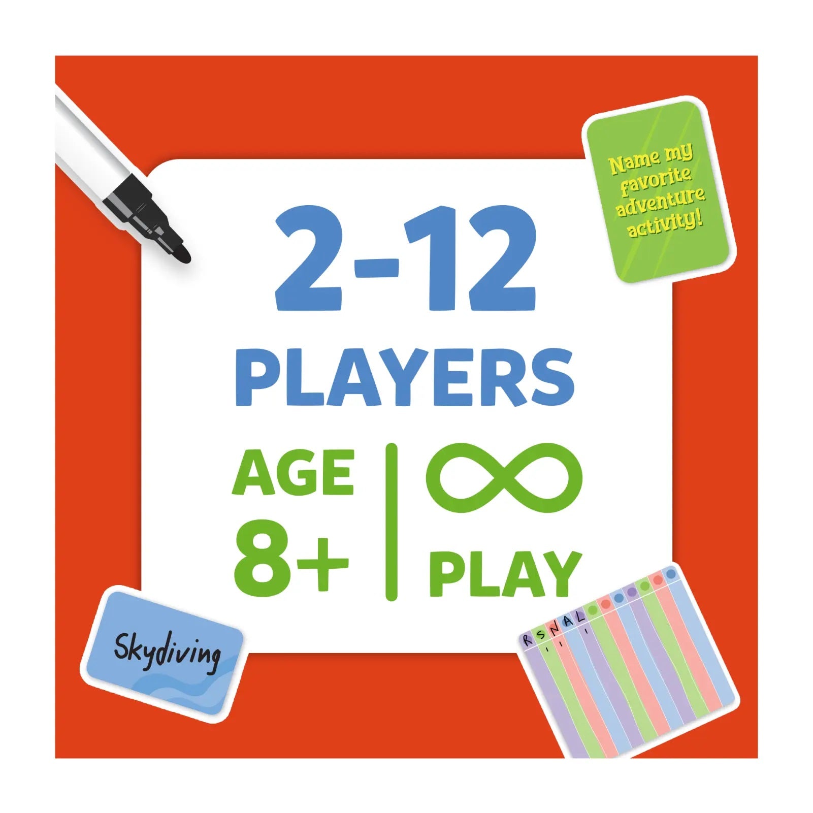 Game graphic showing player stats: 2-12 Players, Age 8+, Includes prompt cards, a marker, and a colorful score sheet