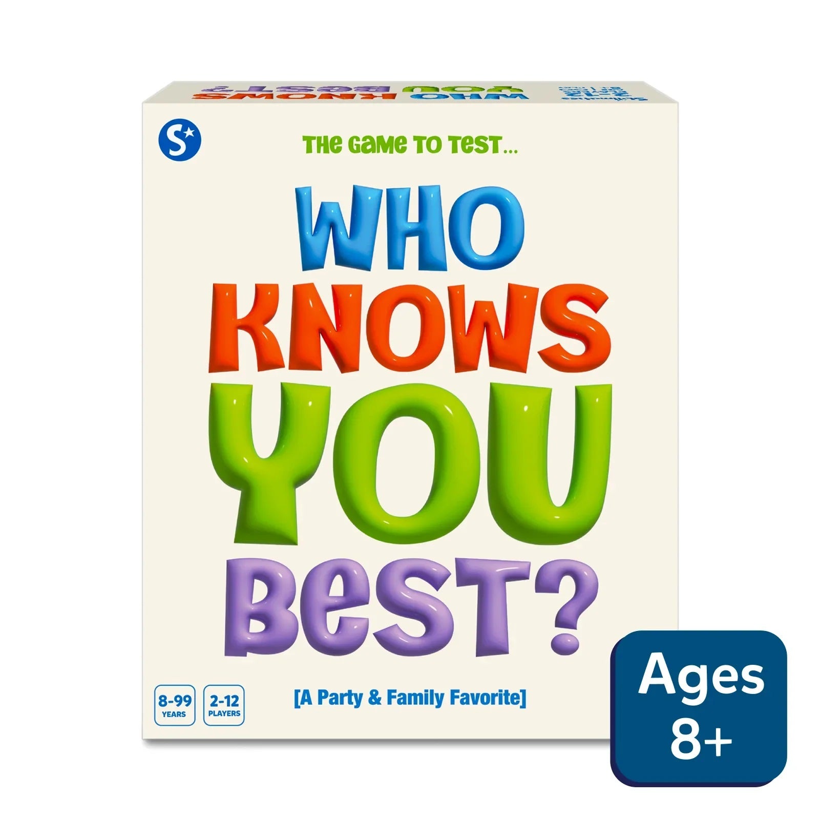 Box art for the party game "WHO KNOWS YOU BEST?" featuring large, colorful, puffy text