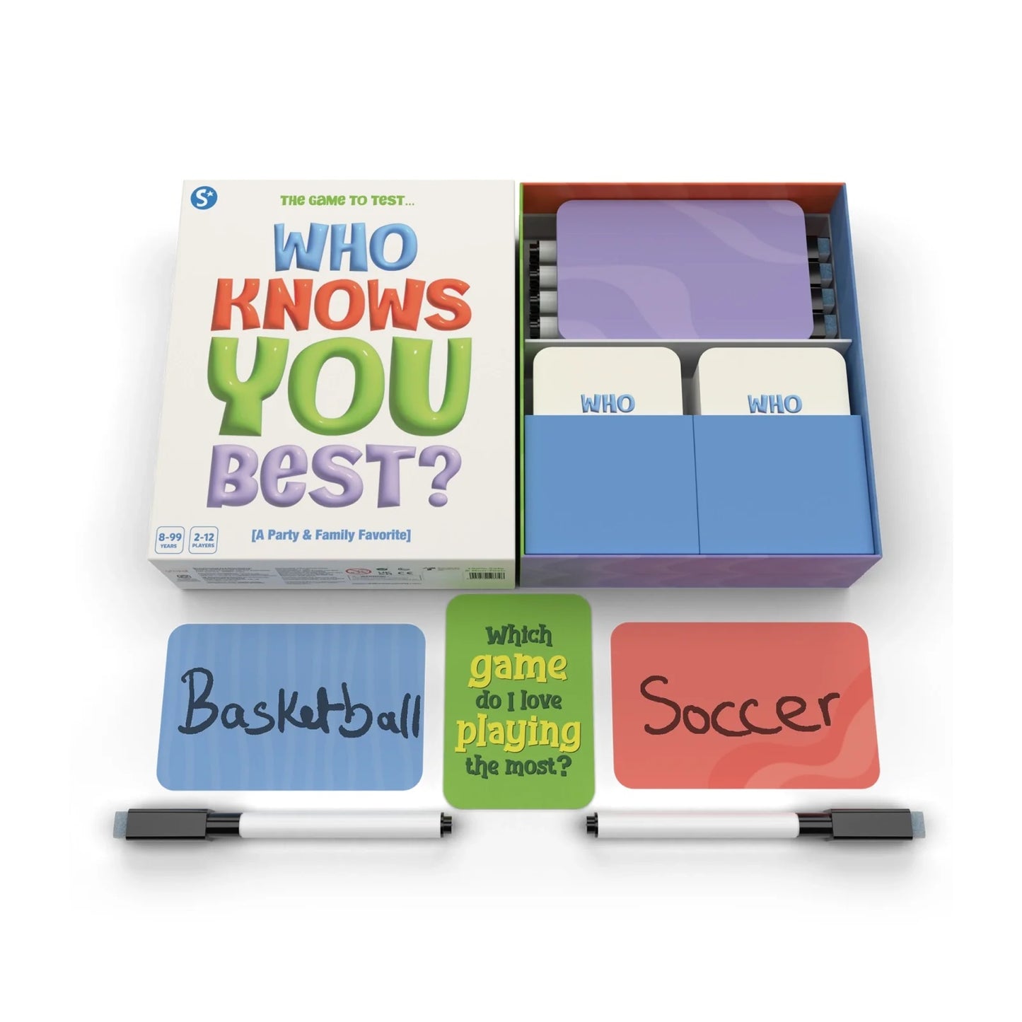 Open box of the "Who Knows You Best?" party game, showing cards, markers, and example answer cards (Basketball, Soccer)