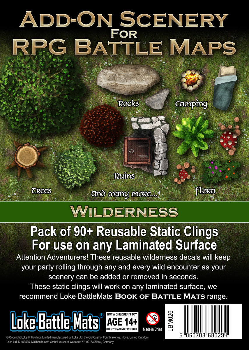 RPG Battle Maps 'Wilderness' add-on scenery pack, featuring illustrated clings of trees, rocks, ruins, and camping items
