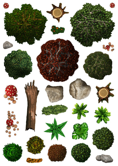 Top-down natural environment assets: trees, bushes, rocks, mushrooms, and plants