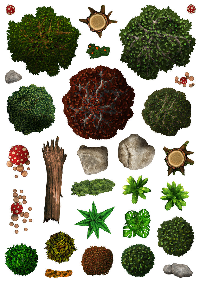 Top-down natural environment assets: trees, bushes, rocks, mushrooms, and plants