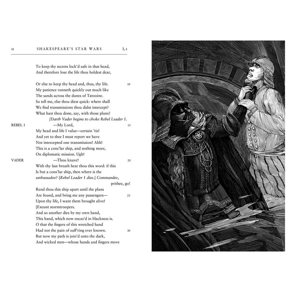 Shakespearean Darth Vader chokes a man in Elizabethan clothes, a dramatic black and white illustration from &#39;Shakespeare&#39;s Star Wars&#39;