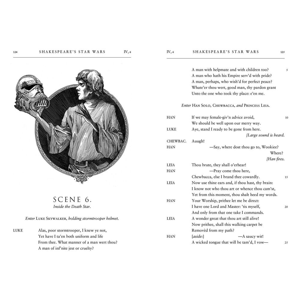 Black and white illustration of Luke Skywalker in flowing robes, holding a stormtrooper helmet and gazing at it thoughtfully, from &quot;Shakespeare&#39;s Star Wars&quot;