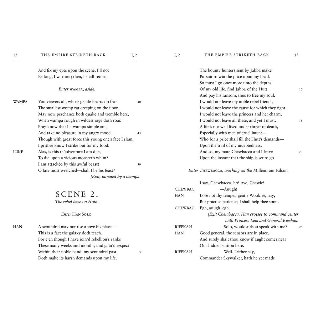 Script pages 12-13 for 'THE EMPIRE STRIKETH BACK', detailing dialogue from characters like Luke, Han, Chewbacca, and Wampa, including Scene 2 at the rebel base on Hoth