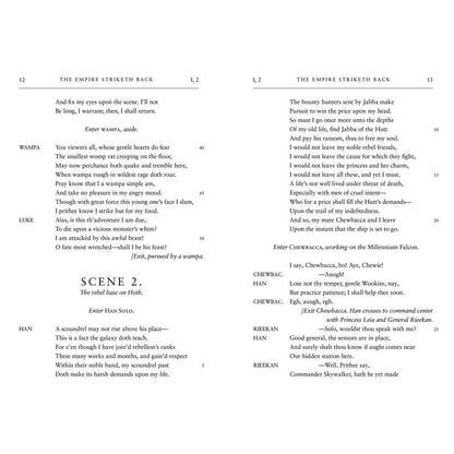 Script pages 12-13 for 'THE EMPIRE STRIKETH BACK', detailing dialogue from characters like Luke, Han, Chewbacca, and Wampa, including Scene 2 at the rebel base on Hoth
