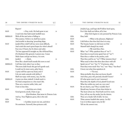 Script pages from "THE EMPIRE STRIKETH BACK," featuring dialogue between Han, Leia, and Rieekan, with page numbers 14 and 15
