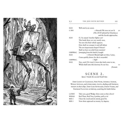 Black and white illustration from "The Jedi Doth Return", Chewbacca pilots an AT-ST in a forest, waving, with Han Solo standing below