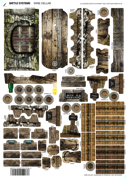 Battle Systems Wine Cellar terrain kit cut-out sheet with wooden and stone doors, barrels, racks, tables, and chairs.