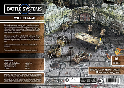 Battle Systems Wine Cellar modular terrain set: a miniature dungeon room with stone walls, table, chairs, barrels, and crates.