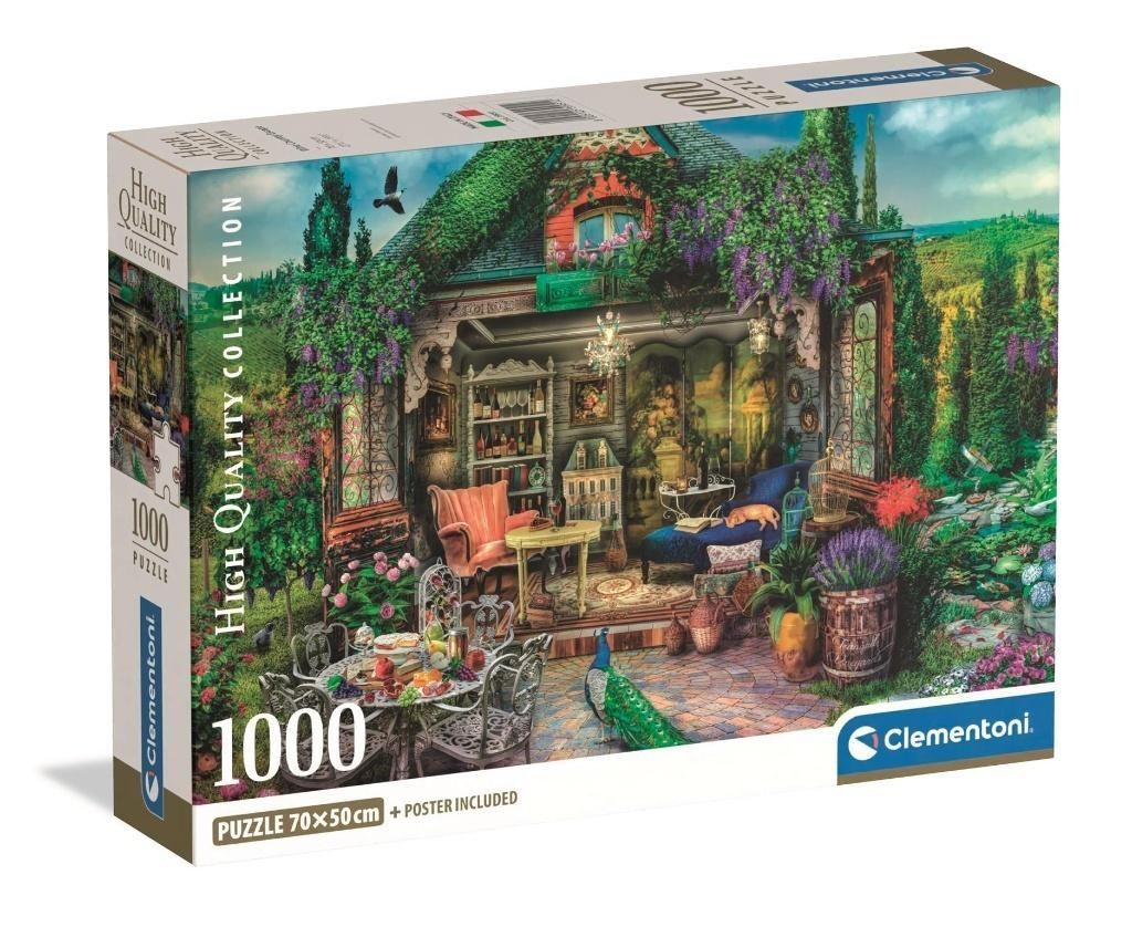 Clementoni 1000-piece puzzle box featuring a vibrant cottage garden scene with a wisteria-covered house and a peacock